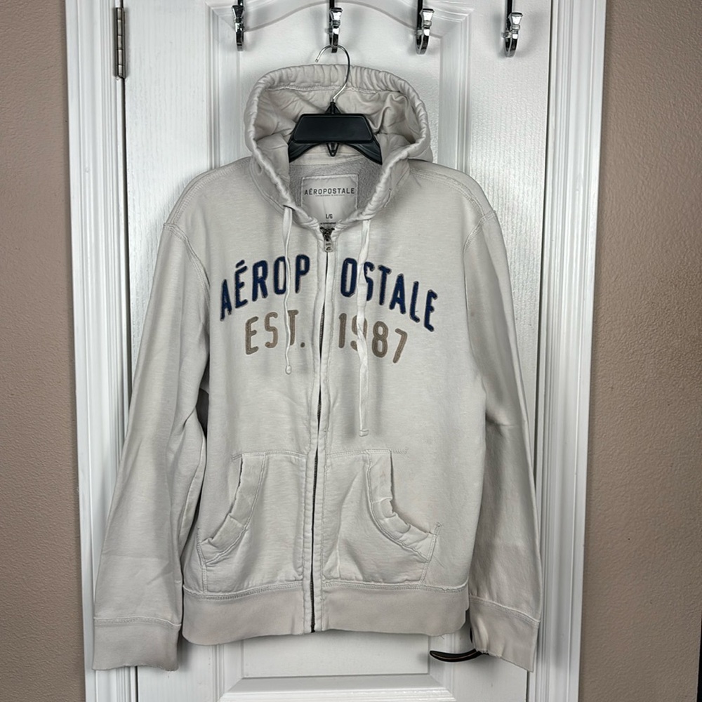Aeropostle Unisex Cream Zip Up Long Sleeve Hoodie Cotton Blend Jacket Size L